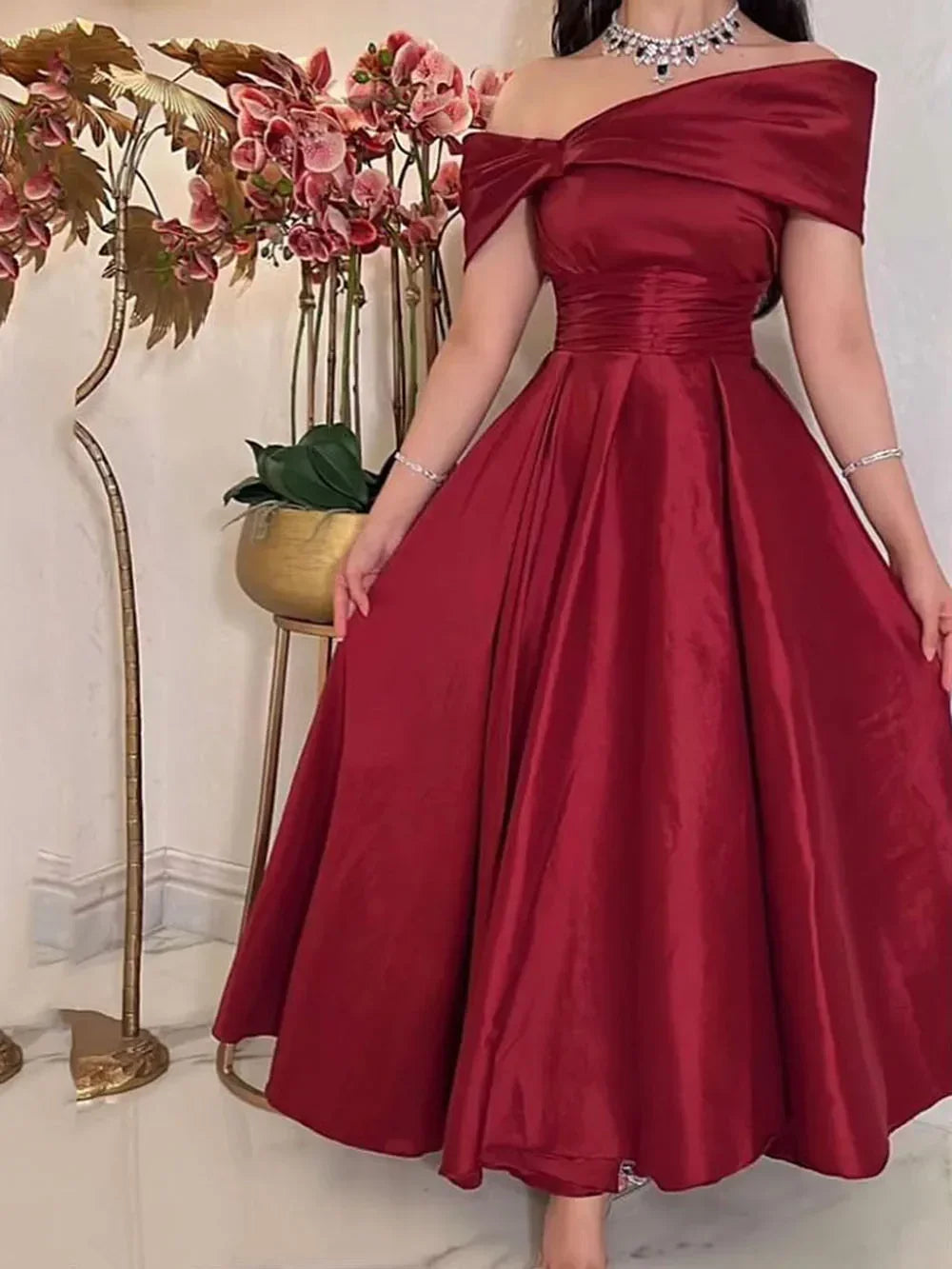 Vestidos de Festa Midi Vermelho Escuro, Sem Mangas, Comprimento Até ao Tornozelo, Árabe, Dubai, Vestidos Formais para Festas, Vestidos de Noite Y4620