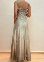 Vestido de Festa de Cetim com Alças Finas de Espaguete, Tule e Contas, Modelo Linha A, Vestido de Noite Y8139