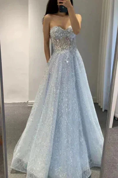 Vestido largo de fiesta azul con tul y lentejuelas, escote corazón brillante, vestido de noche sexy en línea A Y1391