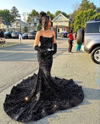 Vestido de Baile Preto com Lantejoulas Elegante, Modelo Sereia, Vestido de Noite Preto Y6133