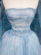 Vestido de baile longo azul sonho em tule com contas, corte em linha A, vestido de noite longo Y8691