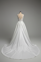 Gorgeous White Crystal Lace Appliques Mermaid Wedding Dress With Overskirt