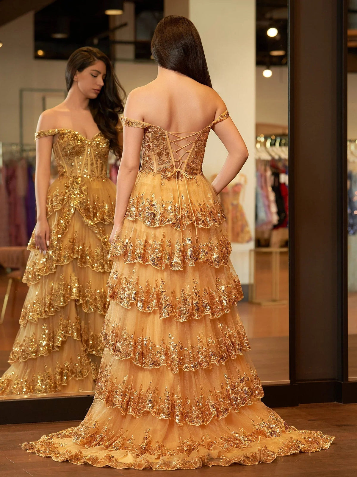Gold Princess A Line Off the Shoulder Corset Prom Dress with Lace Ruffles