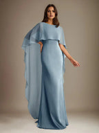 Robe mère de la mariée en mousseline, coupe droite/col bateau, longueur au sol, avec volants en cascade