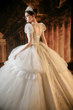 Puff Sleeve Beaded Ball Gown Wedding Dress with Train