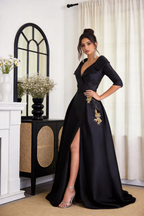 Black Satin Gold Embroidered Formal Gown, Lapel V-Neck High Slit Evening Dress by tangjianjun