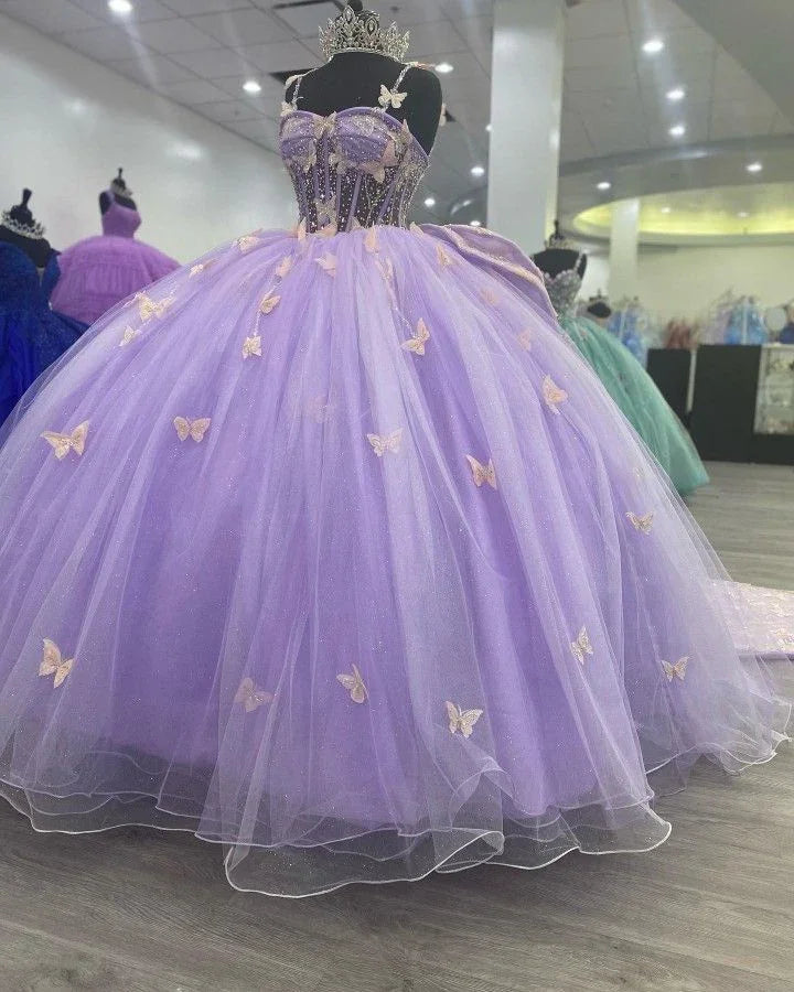 Robe boule en tulle violet avec papillons, robe de seize ans, robe de princesse violette Y2270