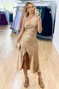 Vestido de Festa Midi Simples com Decote em V Cor Champanhe