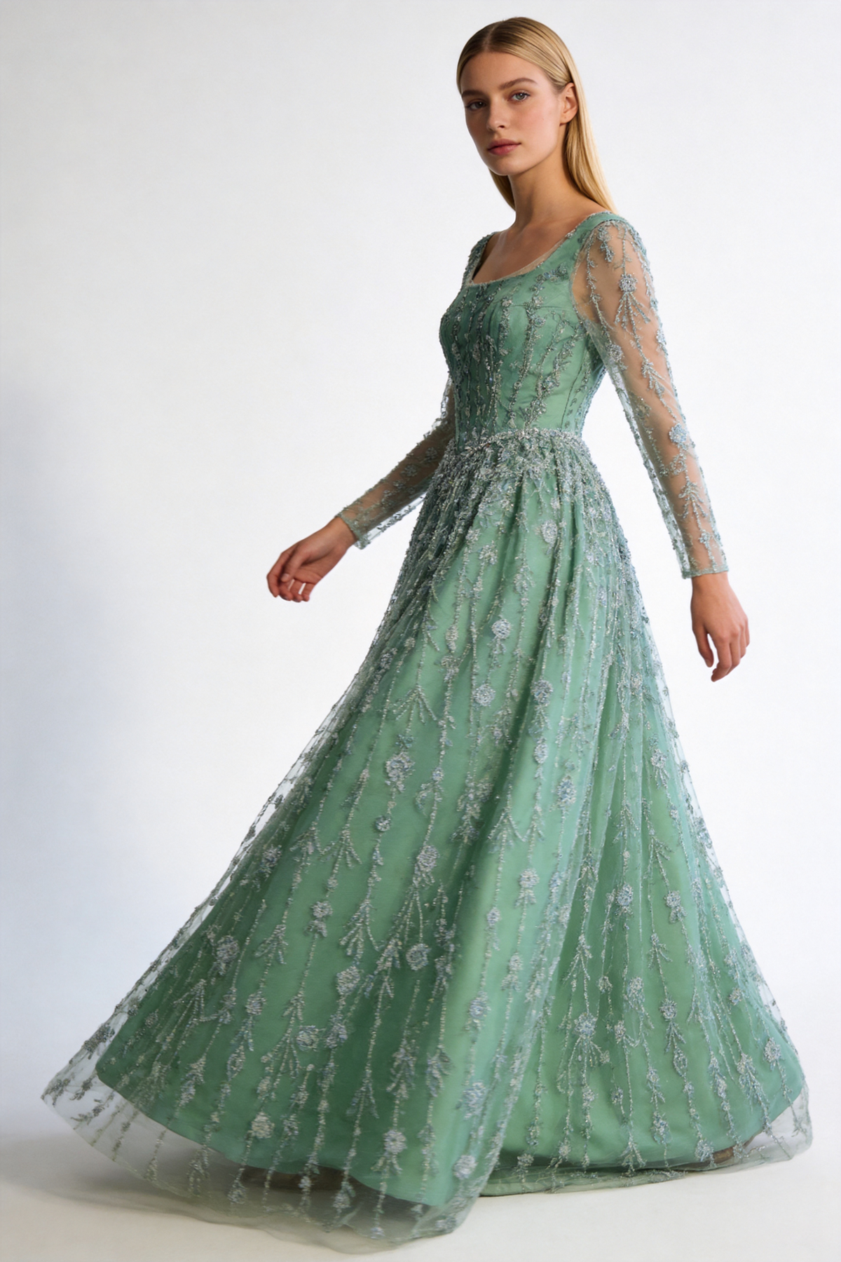 Luxury Sage Green Beaded Evening Dress with Long Sleeves LA72805B