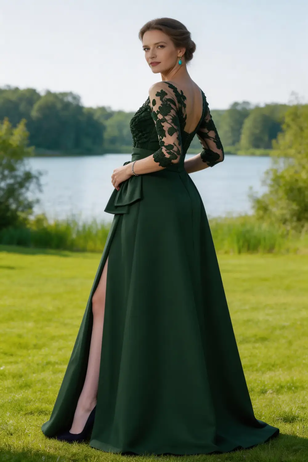 Elegant Dark Green Lace Satin A-Line Mother of the Bride Dress with Slit by tangjianjun