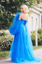 A line Long Sleeves Satin Tulle Prom Dress with Slit