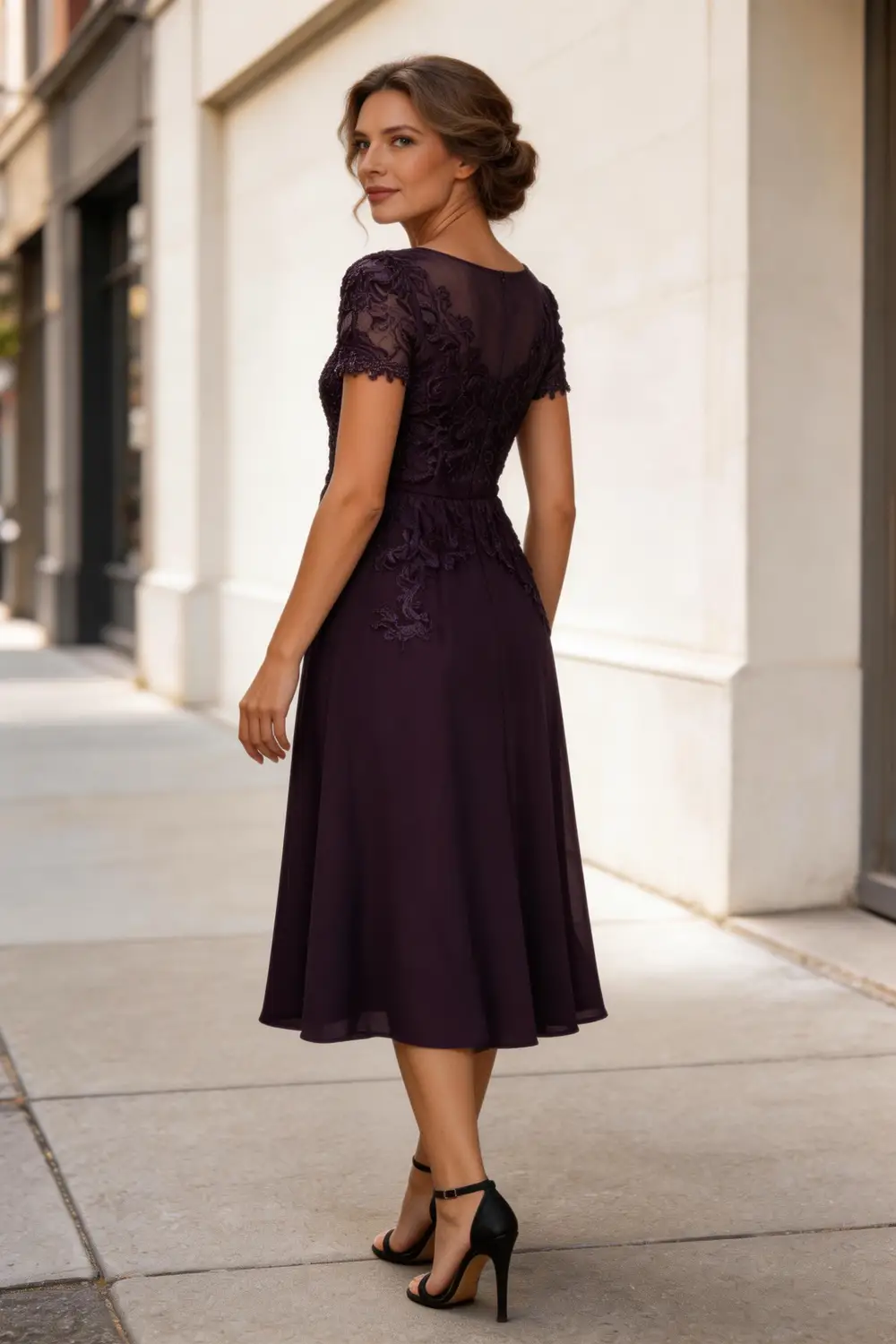 Elegant Plum Purple Lace Chiffon Tea-Length Mother of the Bride Dress by tangjianjun
