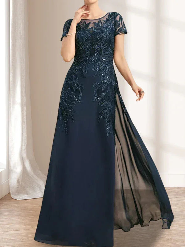 Vestido de madrina de novia con ilusión, corte columna y fajín, largo hasta el suelo, de encaje y gasa con lentejuelas