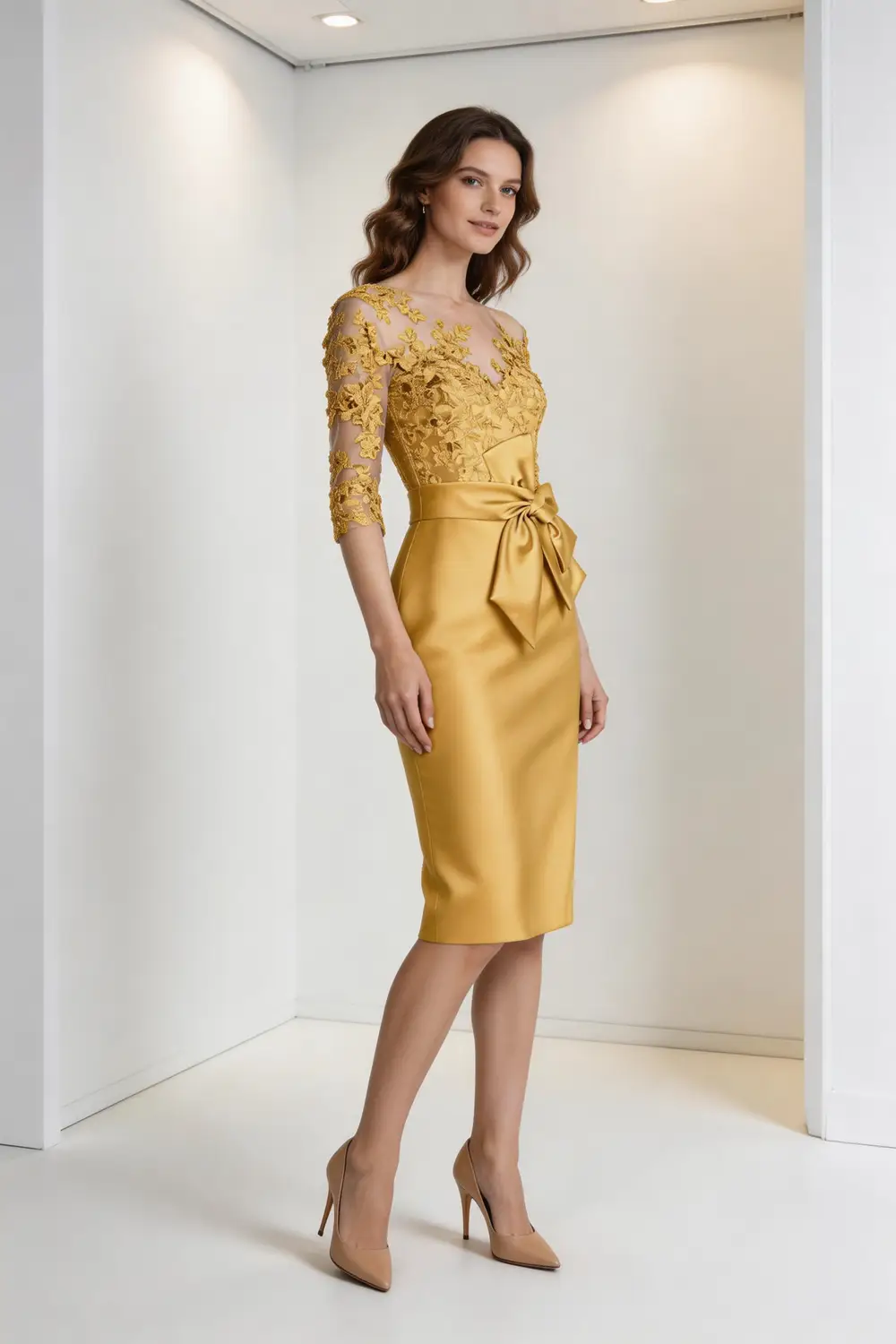 Gold Lace Illusion Neck Satin Sheath Dress, Bow Waist Formal Cocktail Gown by tangjianjun