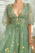 Vestidos cortos de fiesta con escote en V verde, mangas cortas, largo hasta el tobillo, de tul floral