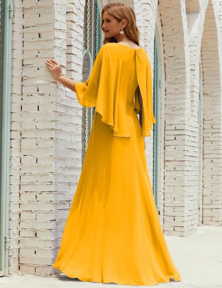 Bridesmaid Dress Women Long Sleeve V-Neck Chiffon Formal Wedding Party Dress 28018