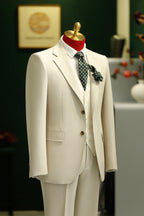 Cream Wool Three Piece Suit For Summer Weddings Tailored Groom