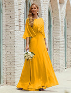 Bridesmaid Dress Women Long Sleeve V-Neck Chiffon Formal Wedding Party Dress 28018