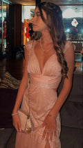 Vestido de Cetim Rosa Brilhante com Decote em V, Lantejoulas, Cauda de Sereia, Vestido Longo de Gala Y7942