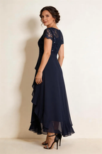 Navy Blue Lace Sequin Chiffon High-Low Mother of the Bride Dress with Ruffle by tangjianjun