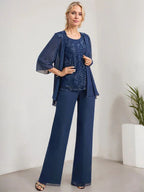 Macacão/Conjunto de Calças com Decote Redondo, Comprimento até ao Chão, em Renda e Chiffon, Vestido de Mãe da Noiva com Lantejoulas