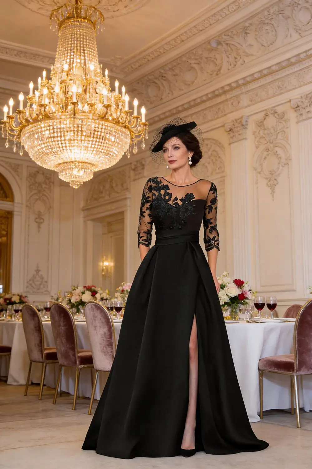 Black Lace Illusion Neck Satin Evening Gown, High Slit Mother of the Bride Dress by tangjianjun