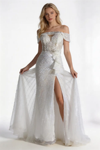 Off-the-Shoulder Sequin Mermaid Formal Gown with High Slit & Ruffle Detail by tangjianjun