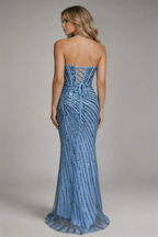 Sky Blue Strapless Sequin Mermaid Prom Dress, Formal Evening Gown with High Slit by tangjianjun