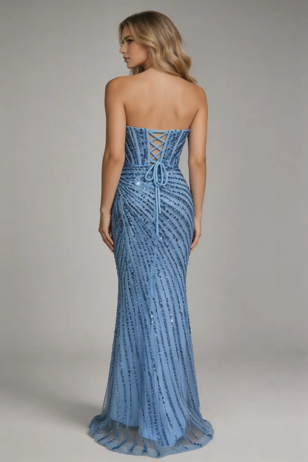 Sky Blue Strapless Sequin Mermaid Prom Dress, Formal Evening Gown with High Slit by tangjianjun