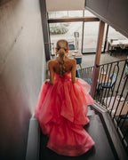 Abito da sera rosa chiaro a linea ad A senza spalline in organza