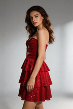Red Velvet Sparkly Strapless Tiered Mini Dress Formal Party Gown by tangjianjun