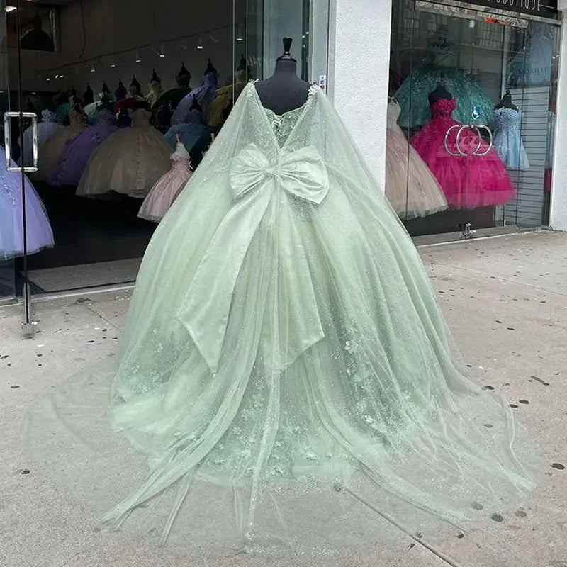 Vestidos Verde Menta para Quinceanera com Flores 3D Vestido de Baile Concurso Festa Doce 15 Anos Y4481