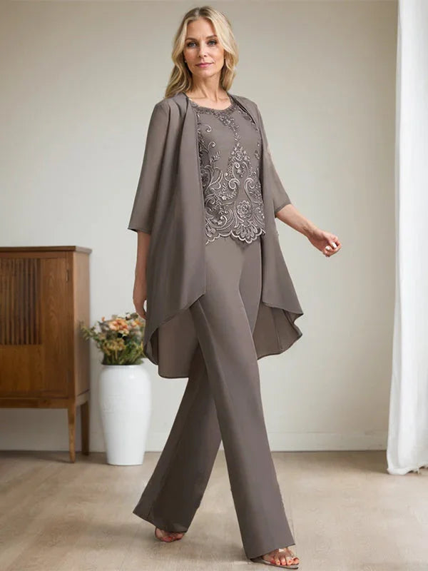Tuta Separata/Completo Pantaloni Scollo a U Lunghezza Pavimento Chiffon Pizzo Abito Madre della Sposa con Perline e Paillettes
