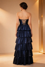 Navy Blue Sparkly Strapless Tiered Prom Dress Formal Evening Gown by tangjianjun