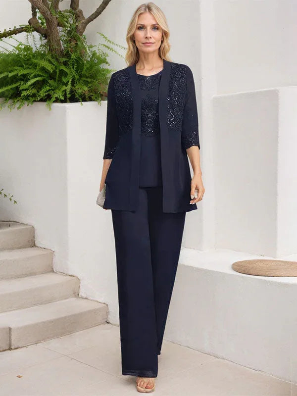 Tuta/Pantaloni Separati con Scollo a U, Lunghezza a Terra, in Chiffon e Pizzo, Abito per Madre della Sposa con Paillettes