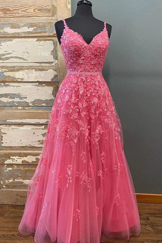 A Line V Neck Beaded Hot Pink Lace Long Prom Dress, Hot Pink Lace Formal Graduation Evening Dress Y216