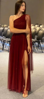 Vestido de noche burdeos bonito de un solo hombro con tul y lentejuelas, abertura, vestido de baile Y7826