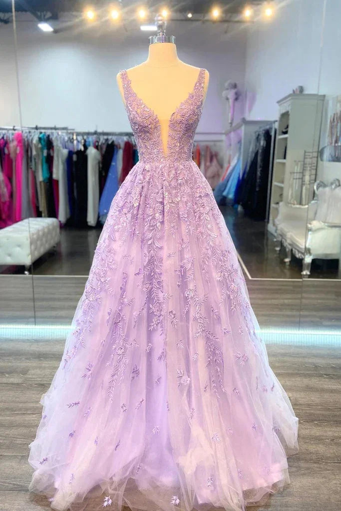 Robe de bal longue en dentelle violette à encolure en V, robe de soirée formelle en dentelle lilas, robe du soir violette Y200