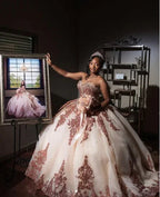 Robe de bal princesse bouffante cœur or rose Robe de 16 ans Appliqué perlé Robes de quinceañera Y827