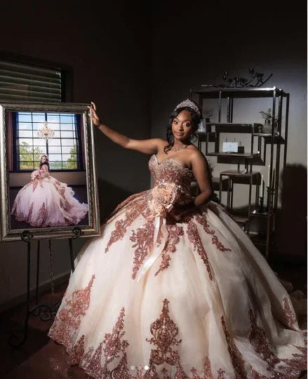 Vestido de baile princesa abullonado corazón dulce en oro rosa Vestido de 16 años con apliques de cuentas Vestidos de quinceañera Y827
