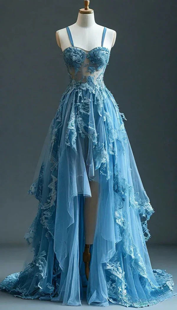 Vestido de noche largo en línea A con capas de tul azul encaje bonito para baile de graduación Y8027