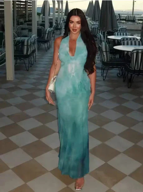 Vestido longo elegante de chiffon azul, costas descobertas, estampado, para baile de finalistas, vestido de noite Y8478