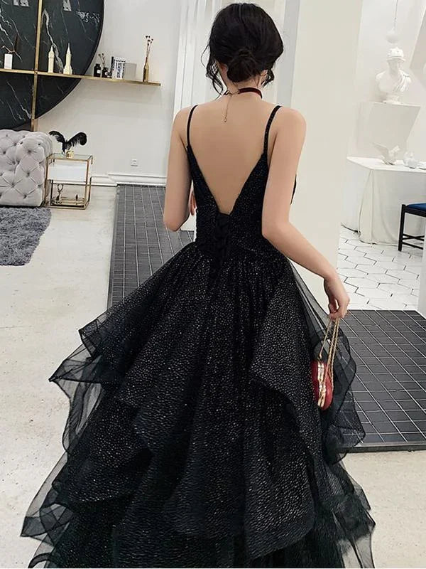 Glänzende schwarze Abendkleider mit V-Ausschnitt, rückenfreies schwarzes formelles Abendkleid mit V-Ausschnitt Y1148