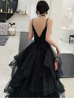 Glänzende schwarze Abendkleider mit V-Ausschnitt, rückenfreies schwarzes formelles Abendkleid mit V-Ausschnitt Y1148
