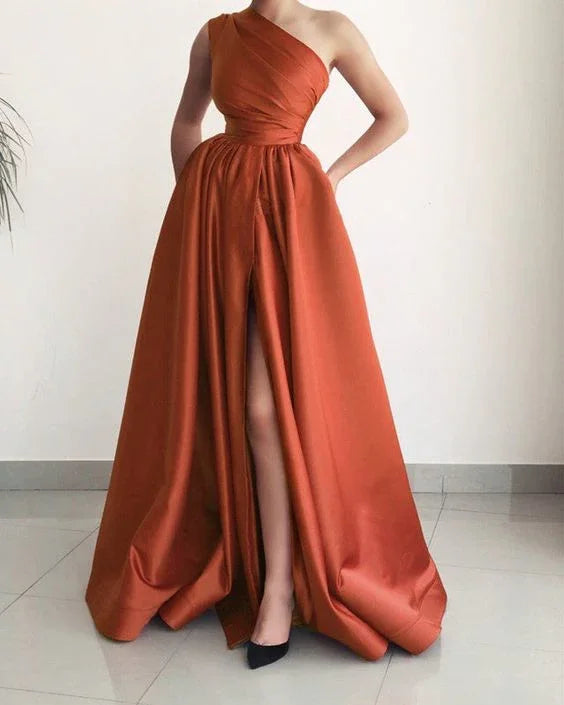 Vestidos de Festa de Uma Só Alça em Cetim com Fenda Vestido Formal de Baile com Fenda Y5494