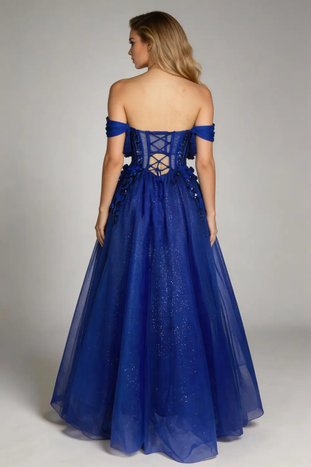 Royal Blue Off-the-Shoulder Corset Ball Gown, 3D Floral Glitter Prom Dress by tangjianjun