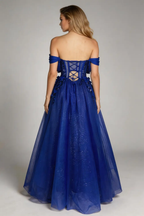 Royal Blue Off-the-Shoulder Corset Ball Gown, 3D Floral Glitter Prom Dress by tangjianjun