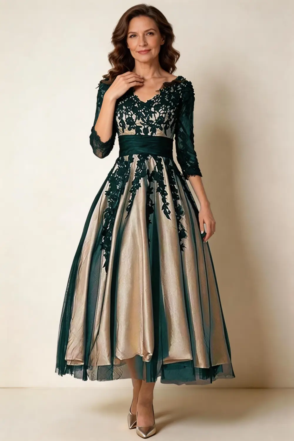 Elegant Dark Green Lace Appliqué Champagne Satin Mother of the Bride Dress by tangjianjun