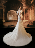 Beaded Mermaid Wedding Dress with High Neck & Ruffled Tulle Sleeves