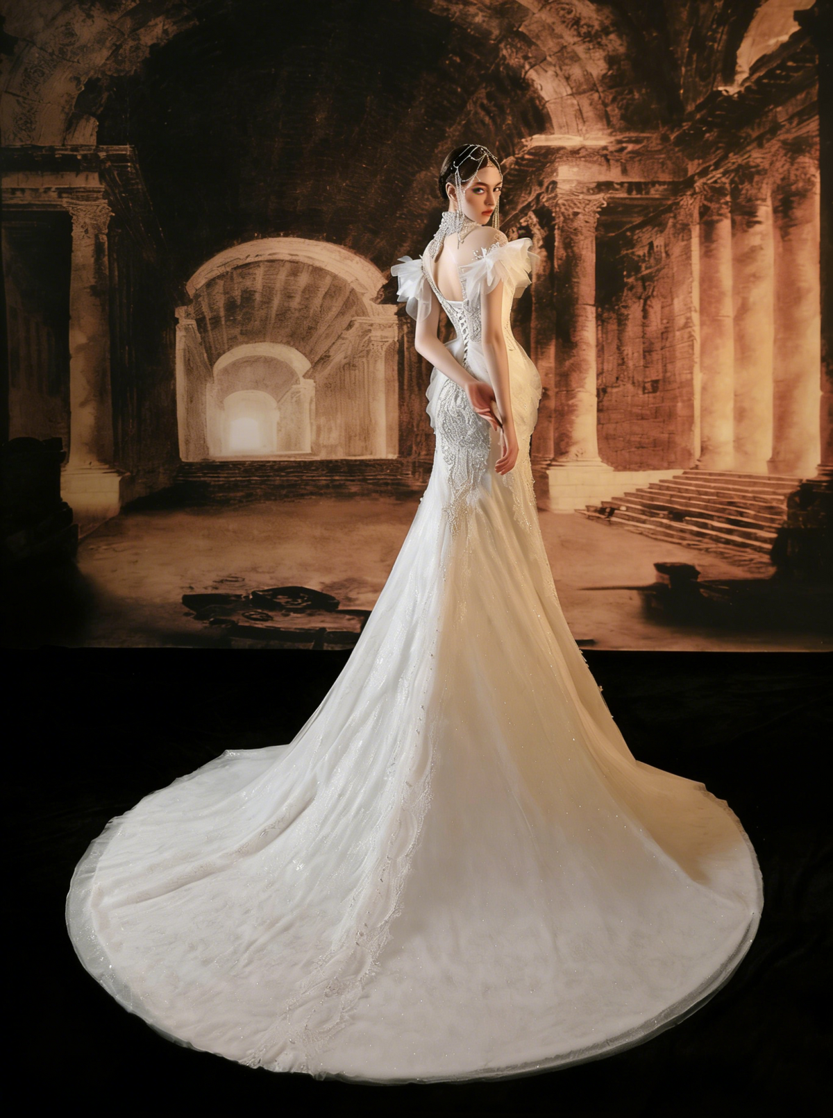 Beaded Mermaid Wedding Dress with High Neck & Ruffled Tulle Sleeves